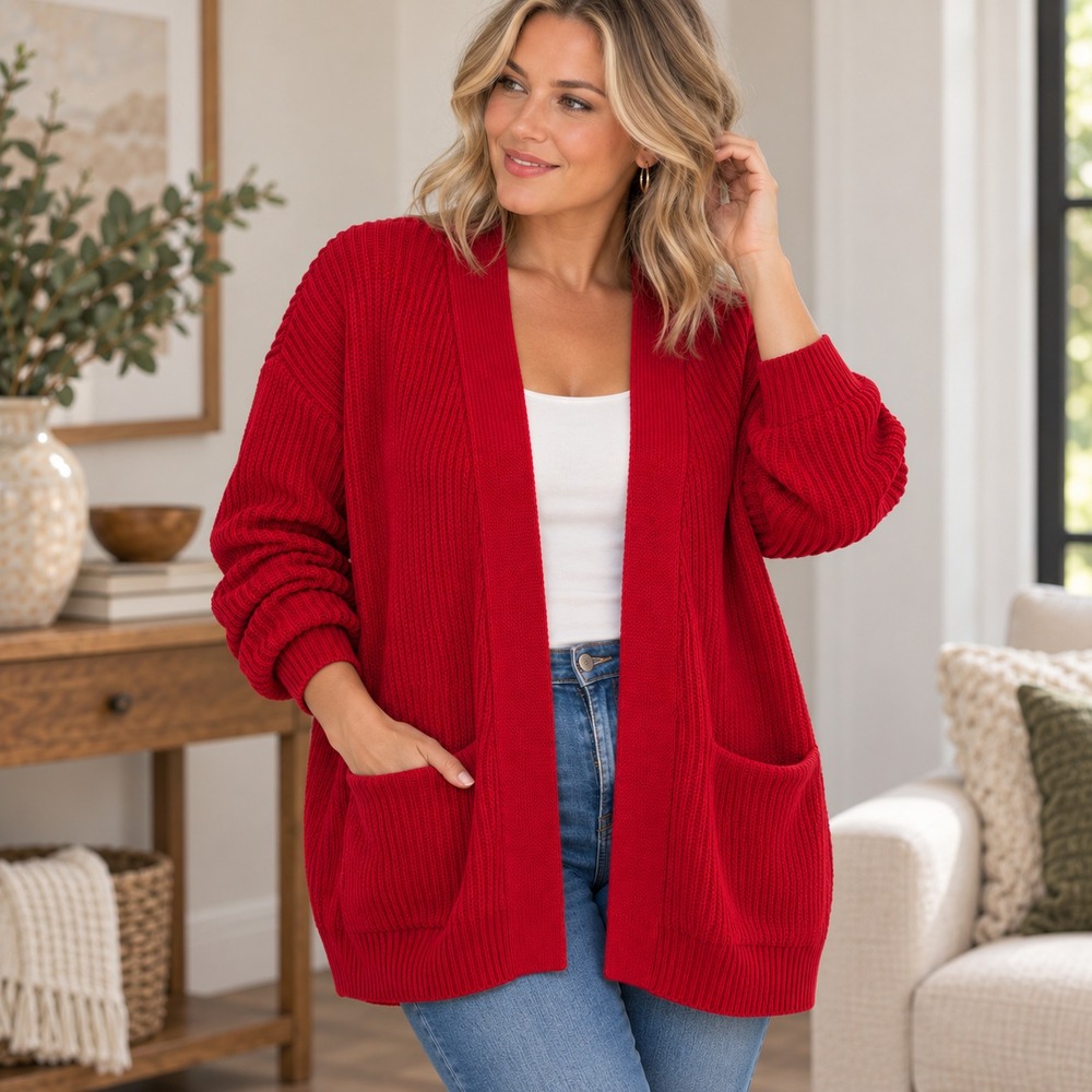 Quince Cardigan Womens M Red Organic Cotton Fisherman Open Ribbed Knit Oversized